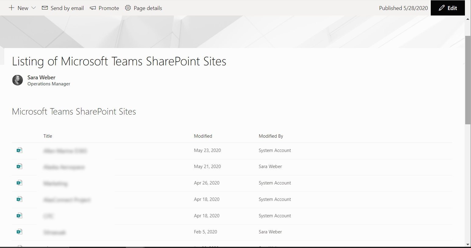 Microsoft Teams/Office 365 Groups SharePoint Sites listing